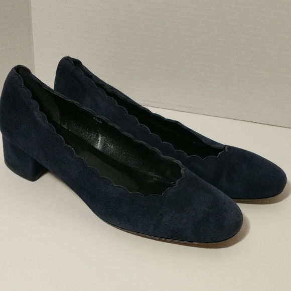 Sesto Meucci Blue Suede Block Heel, Women's Size 8.5 Wide, Scalloped Edging - Picture 1 of 11